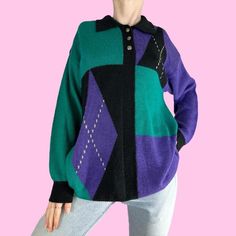 Vintage 80s Black Purple Teal Argyle Henley Sweater  Pullover/button closure with long sleeves and a Henley collared neck. Great condition with a soft argyle/wool material  Brand - Koret Petites  Tag size - Medium Seen on size small, 5'4  Measurements (laying flat) Chest - 21.5 in Length - 28 in Sleeve length - 19.5 in  #vintagesweater #80ssweater #skatersweater #dadsweater #academia grandpa grunge 80s Sweater Outfit, Amarillo Tx, 80s Sweater, Henley Sweater, Purple Teal, Purple Sweater, Pullover Sweater Women, Sweater Pullover, Flat Chest