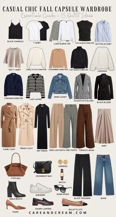 Casual Chic Fall Capsule Wardrobe + 15 Outfit Ideas French Chic Fashion Minimal Classic, Autumn Essentials Wardrobe, Chic University Outfit, Autumn Casual Outfits Women, Fall Outfit Basics, Classic Winter Outfits Women, Autumn Office Outfits Women, Closet Basics For Women, Basic Chic Outfit