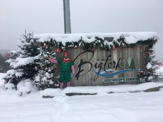 a man in green snowsuit standing next to a wooden sign with trees and lights on it