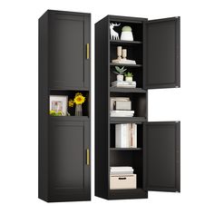 an open bookcase with two doors on the front and one door in the back