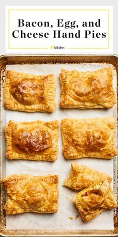 bacon, egg and cheese hand pies on a baking sheet with text overlay