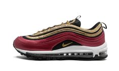 The Nike Women's Air Max 97 perfects the art of reinvention with a modernized version of the iconic Air Max 1 style.  With the edgy silhouette, Nike combines a black mesh upper with a striking red mudguard and glistening gold detailing.  This edition of the Air Max is topped off with a metallic Nike Swoosh and a black rubber outsole, and offers a lightweight feel with mesh, synthetic, and leather materials.  The Air Max 97 also includes Air Max technology as well as Max Air cushioning. Nike Air Max 97 Burgundy, 97 Shoes, Buy Nike Shoes, New Nike Shoes, All Nike Shoes, Nike Air Max For Women, Air Max Women, Stadium Goods, Nike Womens