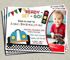 a birthday party card with a photo of a little boy in a race car on it