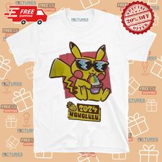 a t - shirt with a cartoon pikachu wearing sunglasses