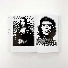 an open book with black and white images on the pages that appear to be pixelated