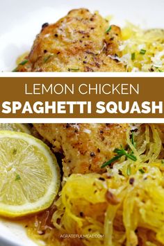 lemon chicken spaghetti with sauerkraut on a white plate and text overlay that reads lemon chicken spaghetti