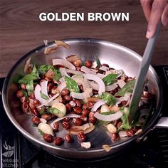 someone is cooking some food in a pan on the stove with words above it that read golden brown