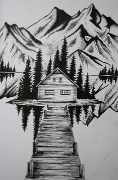 a black and white drawing of a house on a dock with mountains in the background