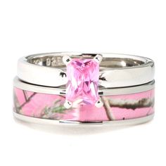 two wedding rings with pink camo inlays and a princess's cut diamond