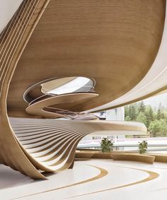 an architectural rendering of a building with curved wooden walls and flooring that looks like waves