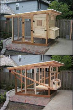 an outdoor chicken coop made out of pallets and wooden planks is shown in two different views