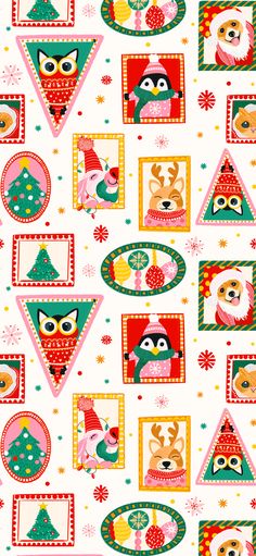 an image of a christmas themed wallpaper with animals and snowflakes on it