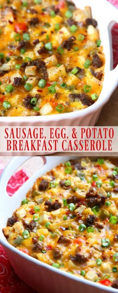 sausage egg and potato breakfast casserole in a white dish