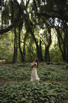 a woman standing in the middle of a lush green forest filled with trees and plants