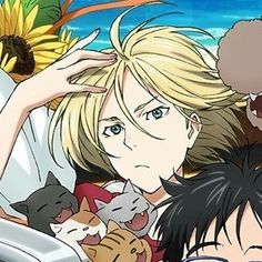 an anime character is surrounded by cats and other characters in front of a blue sky