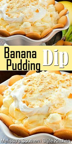 banana pudding dip with whipped cream in a white dish and bananas on the other side