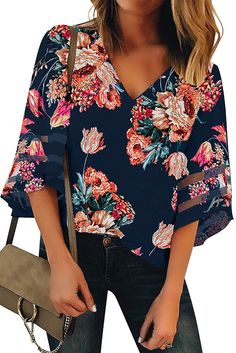 Red 3/4 Flared Sleeve Floral Blouse Printed Blouses, Women Chiffon Blouse, Bell Sleeve Shirt, Patch Work Blouse, Loose Tank Tops, Strappy Tank Tops, Half Sleeve Blouse, Chiffon Fashion, Summer Blouses