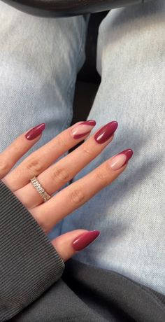 Nails For Autumn With Autumn Nails Inspo - davidreed.co Fall Nails On Real Nails, Short Almond Shaped Nails Designs Fall, Deep Red French Tip Nails Almond, Short Red Almond Nails Designs, Burgundy Nails With Accent Nail, Dip Nails February, Single Color Nail Designs, Marron Nails Designs, Almond Nail Styles