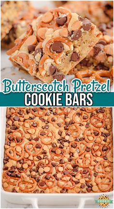 butterscotch pretzel cookie bars with chocolate chips in the middle and on top