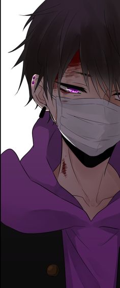 an anime character wearing a face mask and looking at the camera with purple light coming from his eyes