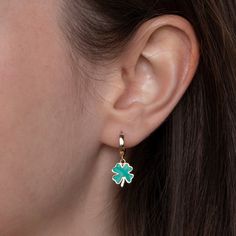 "Our new stylish Four Leaf Clover Earrings with green enamel. A perfect gift for special occasions, or for yourself. ★1 YEAR WARRANTY★ Our products are plated with a thick layer of 14k solid gold on sterling silver (925K) silver, made with a special technique called \"vermeil\". All our jewelries are guaranteed for one year against tarnishing and deterioration. Provided that they are protected from water, soap and chemicals, they can be used for many years with their first day appearance. Our pr Enamel Jewelry For Pierced Ears As A Gift, Enamel Drop Earrings As A Gift, Enamel Drop Earrings For Gifts, Green Enamel Single Earring, Single Green Enamel Earring, Gift Enamel Pierced Hoop Earrings, Green Hypoallergenic Jewelry Gift, Hypoallergenic Green Jewelry Gift, Nickel-free Enamel Hoop Earrings As Gift