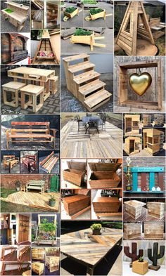 many different types of wooden pallets are shown in this collage, including tables and benches