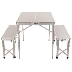 three white folding tables with one sitting at the top and two standing on each side