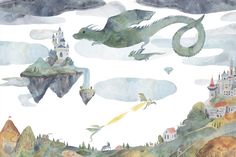 an image of a dragon flying in the sky over land and water with buildings on it