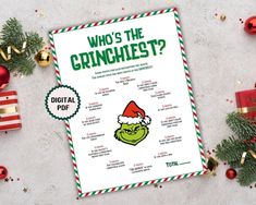 an image of the grinnies christmas activity sheet with ornaments around it and text that says who's the grinchest?