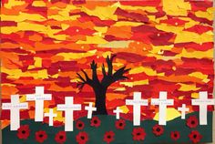 an art project with paper cut outs and flowers on it, depicting the silhouette of a person standing in front of crosses