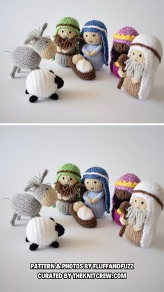 crocheted nativity figurines are shown in two different positions, one is holding a baby jesus