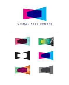 the visual arts center logo is shown in different colors and shapes, including an arrow