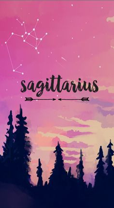 the zodiac sign sagittatus is in front of a colorful sky with trees