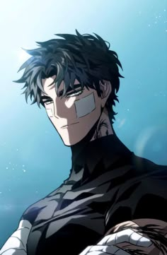 an anime character with black hair and tattoos on his chest, standing in the water