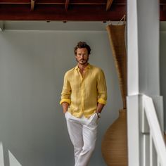 Embody the ethos of luxury craftsmanship with our SUNNY Pure Linen Shirt. Expertly handmade from the highest quality pure linen fabric in different shades of Linen Yellows, this sustainable and ethically sourced shirt is an essential for sophisticated summer-wear. It features advanced sizing and natural button options, crafted to create the perfect fit and delivered in a dazzling summer yellow hue. Yellow Beach Outfit Men, Summer Casual Outfit Men, Mens Yellow Outfit, Yellow Shirt Outfit Men Casual, Hawaii Men Outfit, Yellow T Shirt Outfit Men, Men’s Beach Outfits, Men’s Linen Shirt, Yellow Men Outfit