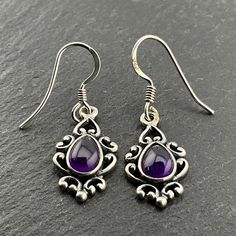 Vintage Sterling Silver Amethyst Fancy Dangle Earrings, Stamped 925, Earring Full Dangle Length 32.0mm, Earring Diameter 10.5mm, Total Weight 2.89 Grams, Secure Ear Wire, Lovely Condition Classic Purple Drop Earrings, Classic Teardrop Purple Earrings, Classic Sterling Silver Purple Earrings, Classic Purple Sterling Silver Earrings, Purple Stamped 925 Earrings For Anniversary, Etsy Earrings Dangle, Ear Wire, Sterling Silber, Vintage Sterling Silver