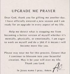 a letter written in black and white with the words upgrade me prayer on it's side