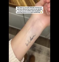 a woman's arm with a small tattoo on it that reads, my children are both officially married and now have different last names so decided to carry out