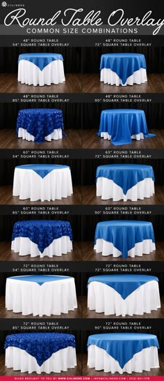 the instructions for how to make a round table cover with blue and white linens