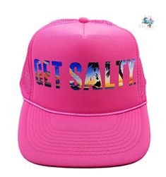 Get Salty original logo with peekaboo mermaid under the brim Waterproof design High crown trucker with mesh back Adjustable snap closure fits most Materials: back panel: 100% nylon meshcrown: 100% polyester · headband: terrycloth Summer Sports Hat With Mesh Back, Beach Visor Hat With Letter Print, Letter Print Visor Hats For The Beach, Summer Baseball Cap With Mesh Back, Beach Snapback Visor Hat With Letter Print, Summer Mesh Baseball Cap With Mesh Back, Summer Trucker Hat With Mesh Back, Summer Mesh Back Baseball Cap, Summer Sports Snapback Hat In Mesh