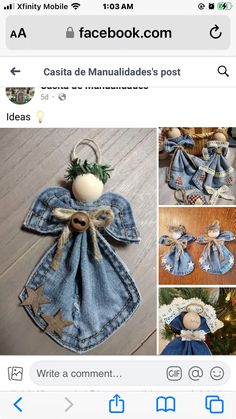 an image of a denim angel ornament made out of old jeans and buttons