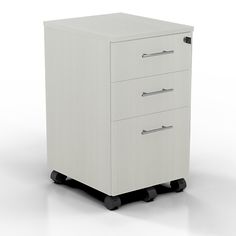 a white filing cabinet with three drawers on wheels