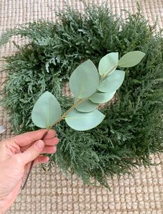 someone is making a wreath with greenery and scissors