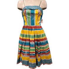 Vintage 50's Deadstock Red Blue Green Yellow White Stripe Sun Dress by Sears - Free Shipping - Thrilling Vintage Fitted Cotton Sundress, Fitted Vintage Cotton Sundress, Multicolor Cotton Sundress For Garden Party, 1950s Style Cotton Vintage Dress For Summer, Vintage Multicolor Sundress For Summer, 1950s Summer Cotton Dress, Retro Cotton Sundress For Beach, 1950s Style Cotton Summer Dress, 1950s Style Summer Cotton Dress