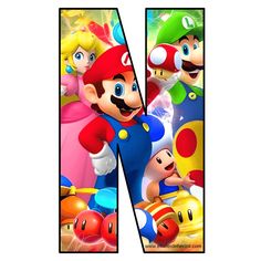 the letter n is made up of mario and luigi's friends in different colors