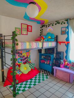 a bedroom with bunk beds and toys on the floor in front of a checkerboard floor