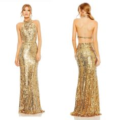 Nwt Mac Duggal Open Back High Neck Sequin Evening Dress . Size:Xl/ 12 Waist: 27” Bust :24.5” Hip: 32.5” Length:59” Sequins Gown, Top Prom Dresses, Mac Duggal Dress, Cap Sleeve Gown, Gown Gold, Sequin Evening Dress, Rose Maxi Dress, Mac Duggal Dresses, Nude Dress