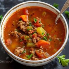 Hamburger Soup Recipe, Stews And Soups, Canning Diced Tomatoes, Hamburger Soup, Homemade Soup Recipe, Parsley Potatoes, Diced Tomatoes, Peeling Potatoes, Homemade Soup