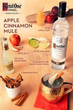 the ingredients for thanksgiving apple cinnamon mules are shown in this advertiser's advertisement