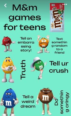 an advertisement for m & m's games for teens, with different characters and words